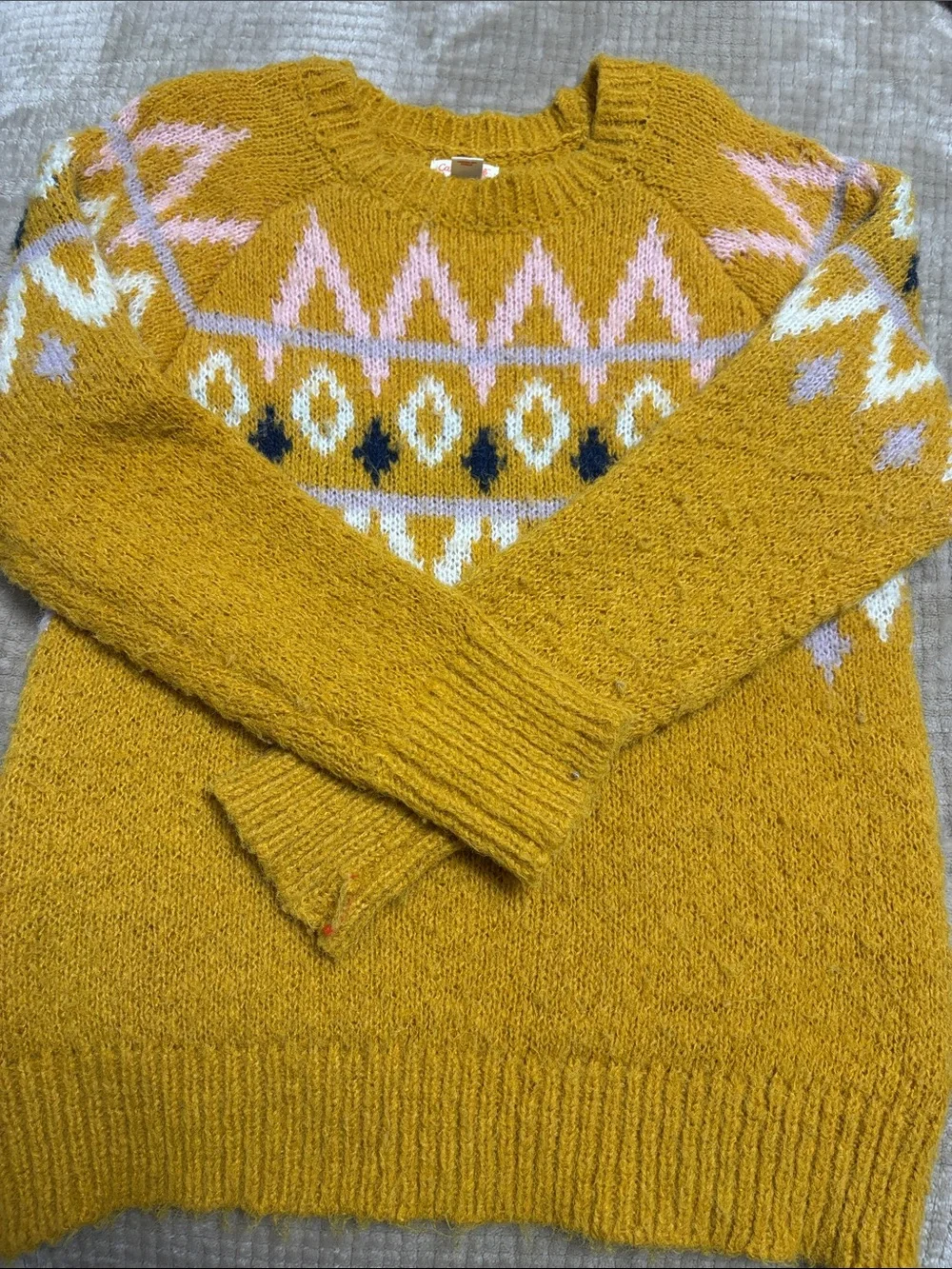 Cat & Jack Mustard Fair Isle Knit Sweater with Pink and Navy Accents